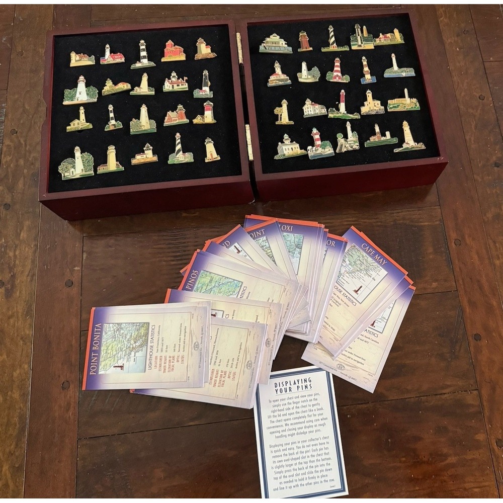 Willabee & Ward Lighthouse Pin Collection 40 Pins Wood Display Case Info Cards